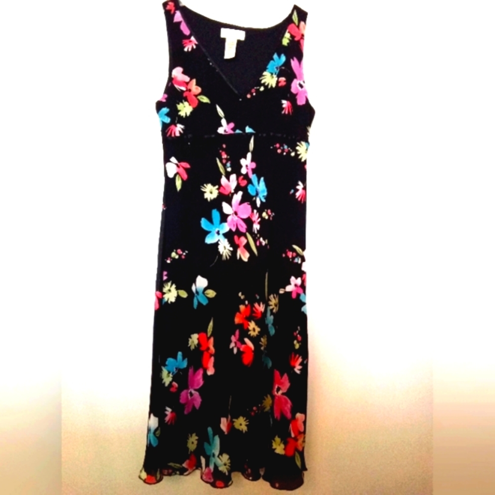 Jane Alexander Women's Black Floral Tank V-Neckline Bias Cut Midi Dress Size 10